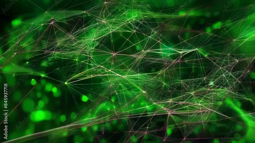 A green and glowing network of connected nodes representing digital ...