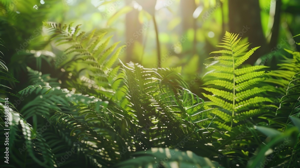 Image of sunlight shining through the fronds of ferns, ideal for use in nature and outdoor-themed projects Image of sunlight shining through the fronds of ferns, ideal for use in nature and outdoor-themed projects