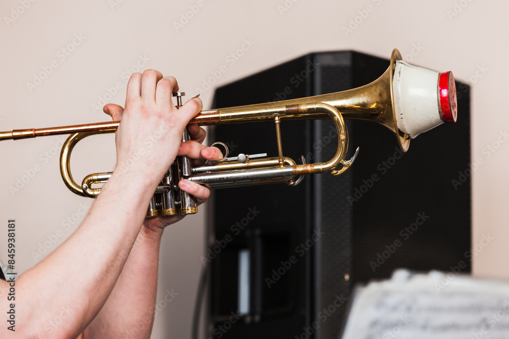 Obraz premium Trumpet with straight mute in trumpeter hands. Live music