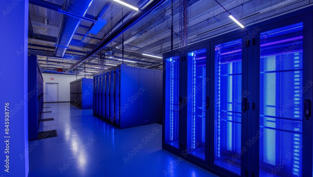 Fototapeta premium High-Tech Data Center: Rows of Powerful Servers Bathed in Blue LED Light