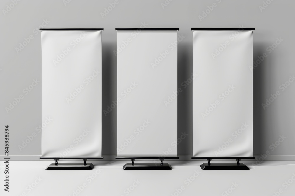 Three Blank Roll-up Banners on Gray Background for Mockups
Three Blank Roll-up Banners on Gray Background for Mockups