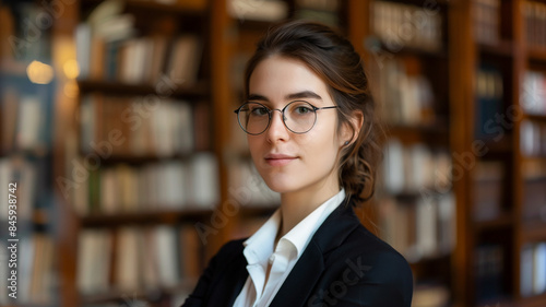 Confident young female lawyer with glasses looking at the camera with a modern office backdrop.
