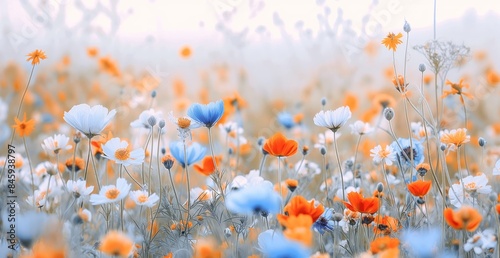 Vibrant Field of Flowers  Orange  Blue  and White Blooms Against Light Background