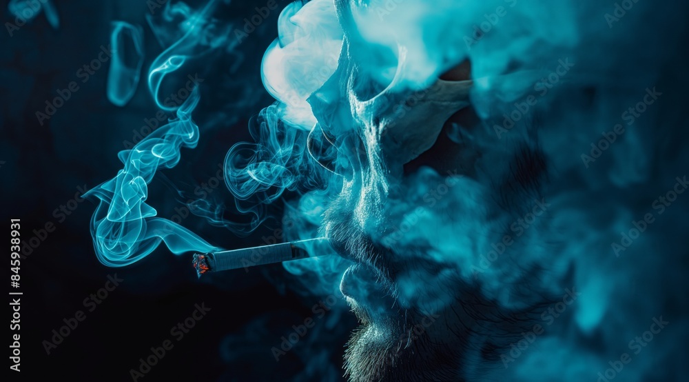 Fototapeta premium Skull Smoke: Man Exhales Smoke in Anatomical Skull Shape, Detailed Closeup with Dark Blue Background