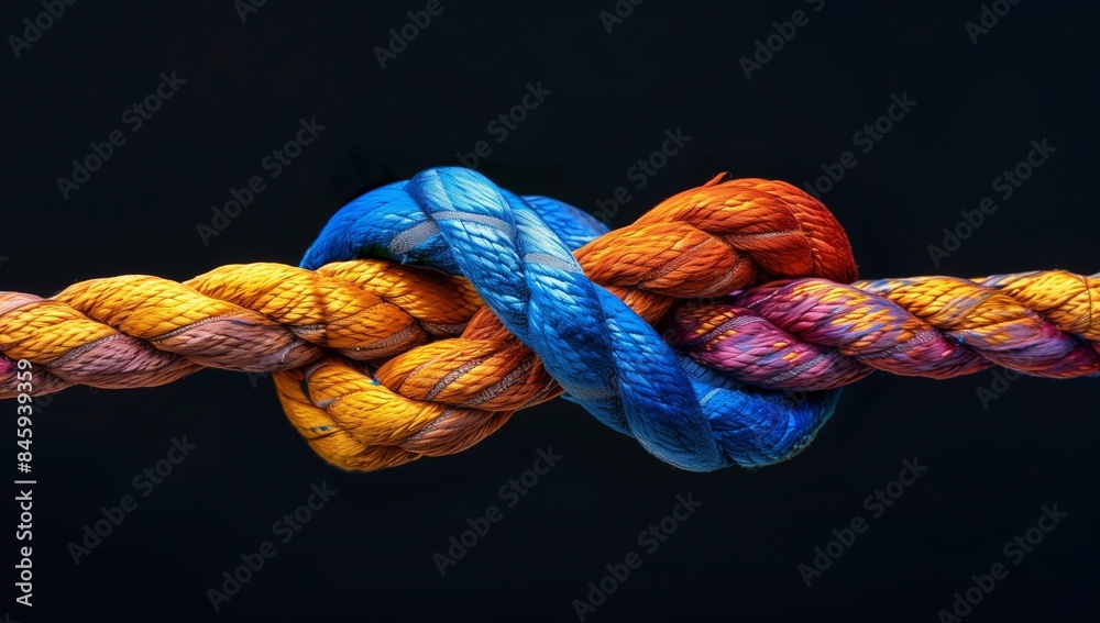Dynamic Tangle, Vibrant Rope Knot Stands Out with Striking Contrast on Shadowed Background Dynamic Tangle, Vibrant Rope Knot Stands Out with Striking Contrast on Shadowed Background