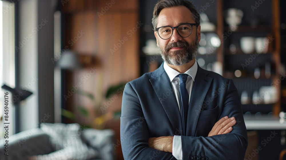 Middle aged Caucasian male lawyer's face with a beard and wearing glasses smiling with his arms crossed with his office behind him.