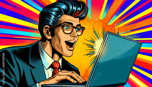 A dynamic retro comic book style illustration depicting a man looking at a laptop screen with an expression of sheer joy and amazement wallpaper background
