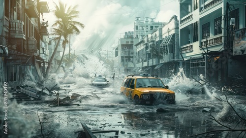 City destroyed by Tsunami waves in a disaster, with flooded streets, cars carried by waves and damaged buildings