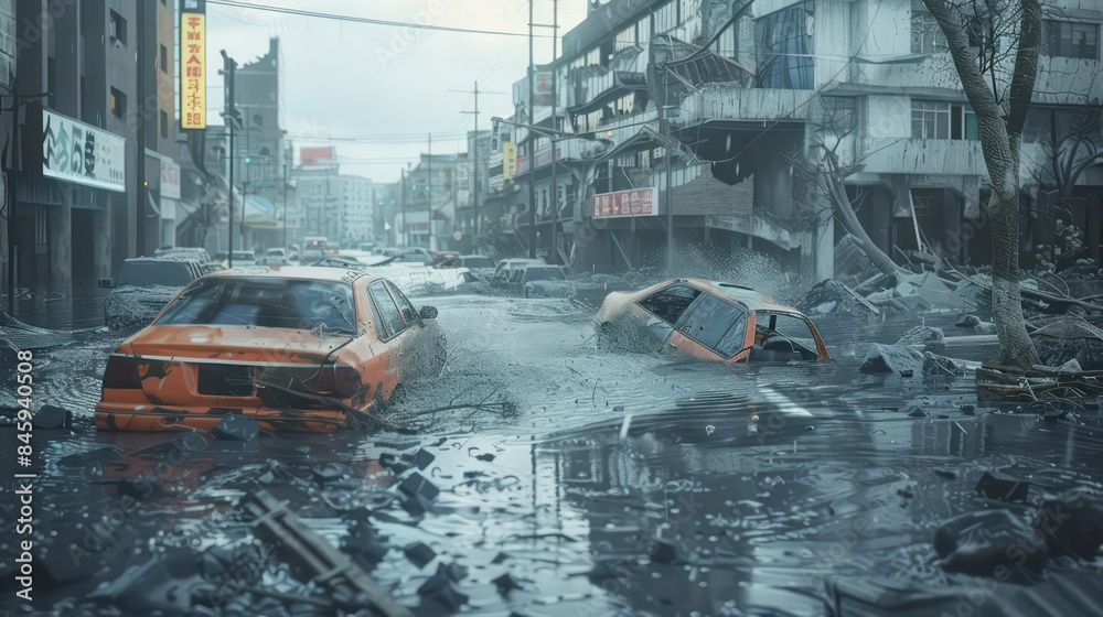Obraz premium City destroyed by Tsunami waves in a disaster, with flooded streets, cars carried by waves and damaged buildings