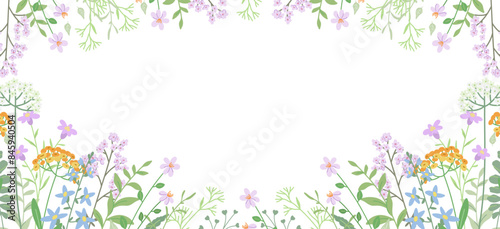 Floral frame with a pattern of meadow wildflowers and herbs. Cute nature background with small flowers. Botanical flat vector illustration on white background