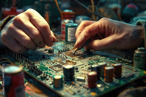 Close-up view of a person working on a circuit board with various electronic components and tools