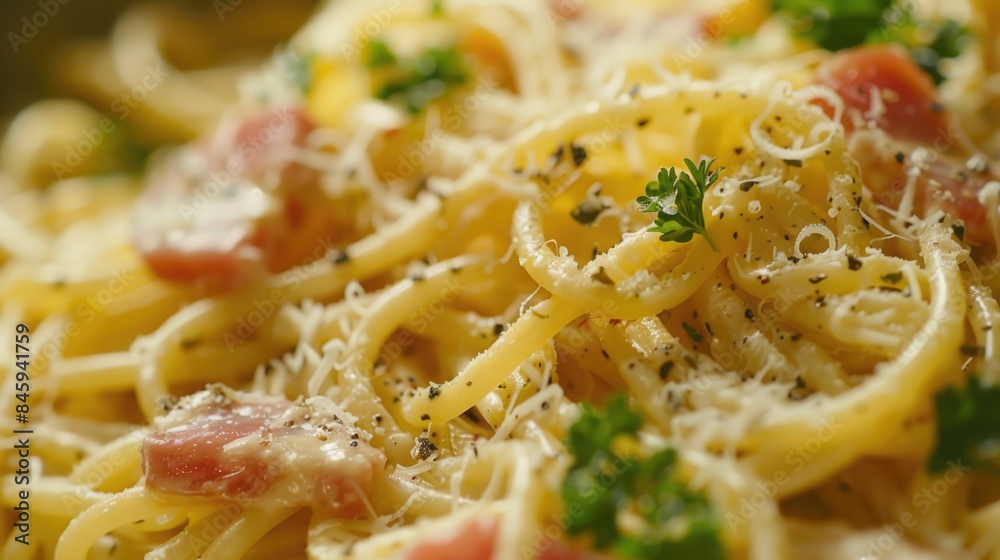 A close-up photo of a plate of pasta with ham and broccoli, perfect for food-related content A close-up photo of a plate of pasta with ham and broccoli, perfect for food-related content