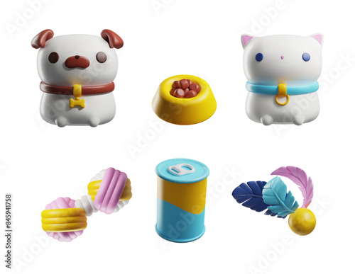 3d cute dog and cat, feed pet bowl and metal can, massage ball vector icon set, cartoon pet toys, accessories and food