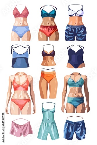 Various styles and designs of women's swimsuits, perfect for beach, pool or fitness photoshoots photo
