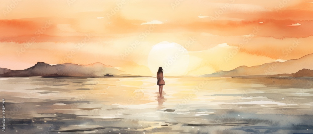 Peaceful Woman Enjoying Sunset at the Beach Generative AI Peaceful Woman Enjoying Sunset at the Beach Generative AI