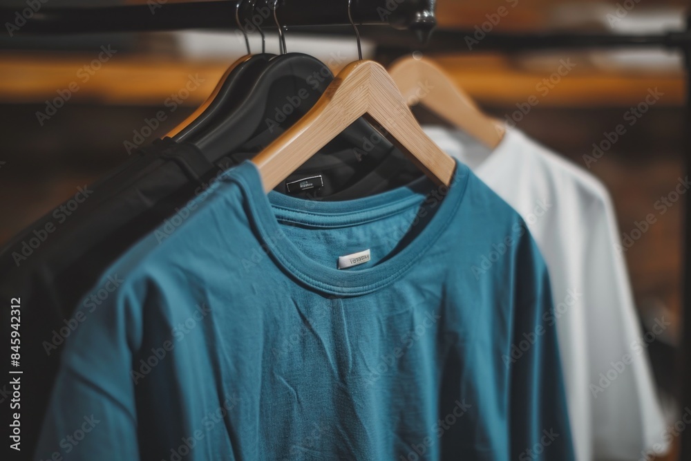 Three shirts hanging on a rack in a clothing store, great for fashion or interior design images Three shirts hanging on a rack in a clothing store, great for fashion or interior design images