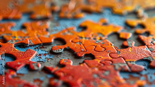 Close up of the pieces of a puzzlen orange background