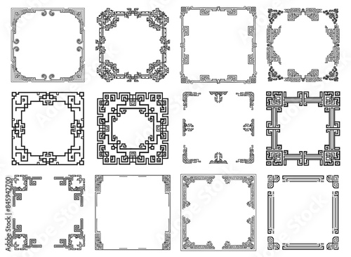 Chinese frame corners. Traditional style pattern. Asian vintage black frames isolated on white background. Linear outline style. Vector collection