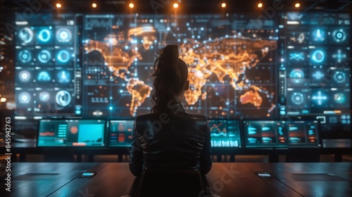 Wallpaper Mural A woman sits in a dark room in front of a large screen displaying a world map and other data, likely participating in a business meeting with holographic participants. Torontodigital.ca