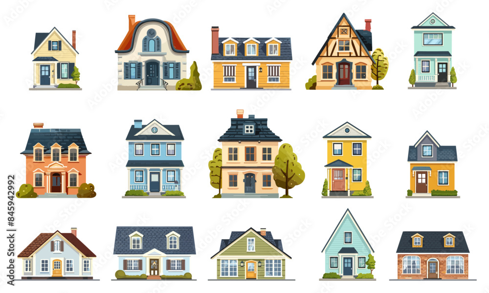 House set. Buildings facades. cartoon houses. Exterior architecture. Real estate, property and ownership concept. Isolated vector clipart House set. Buildings facades. cartoon houses. Exterior architecture. Real estate, property and ownership concept. Isolated vector clipart