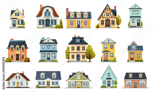 House set. Buildings facades. cartoon houses. Exterior architecture. Real estate, property and ownership concept. Isolated vector clipart