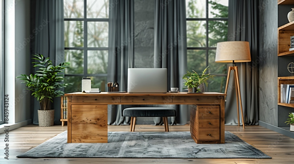 Front view of a table with a laptop and agenda on the table, modern style Front view of a table with a laptop and agenda on the table, modern style
