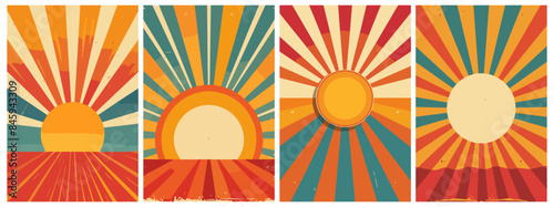 Retro groovy sunset posters set. Abstract 70th retro style. Positive vibes, bright vibrating texture. Vintage wall art. Vector collection