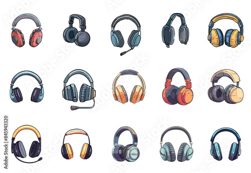 Retro headphones set. Audio equipment. Set of retro music listening devices. Sound and music headset. Vintage headphones. Isolated on white background