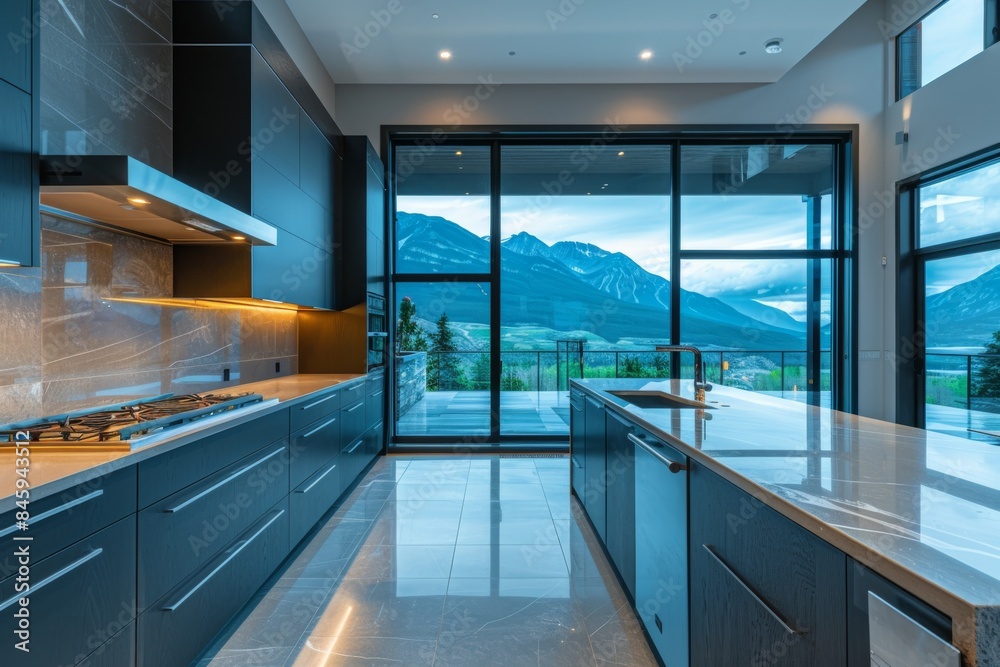 Luxury Kitchen with Panoramic mountain lake  view with large windows.