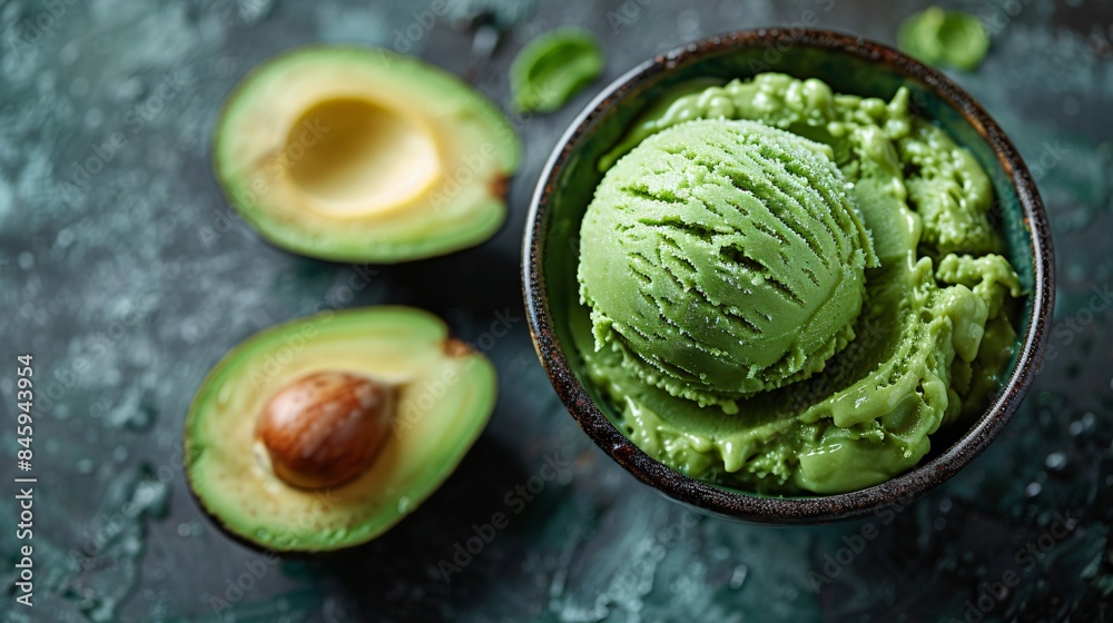 Top view of a delicious avocado dessert, such as avocado ice cream Top view of a delicious avocado dessert, such as avocado ice cream