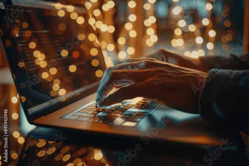 A person working on their laptop surrounded by festive Christmas lights