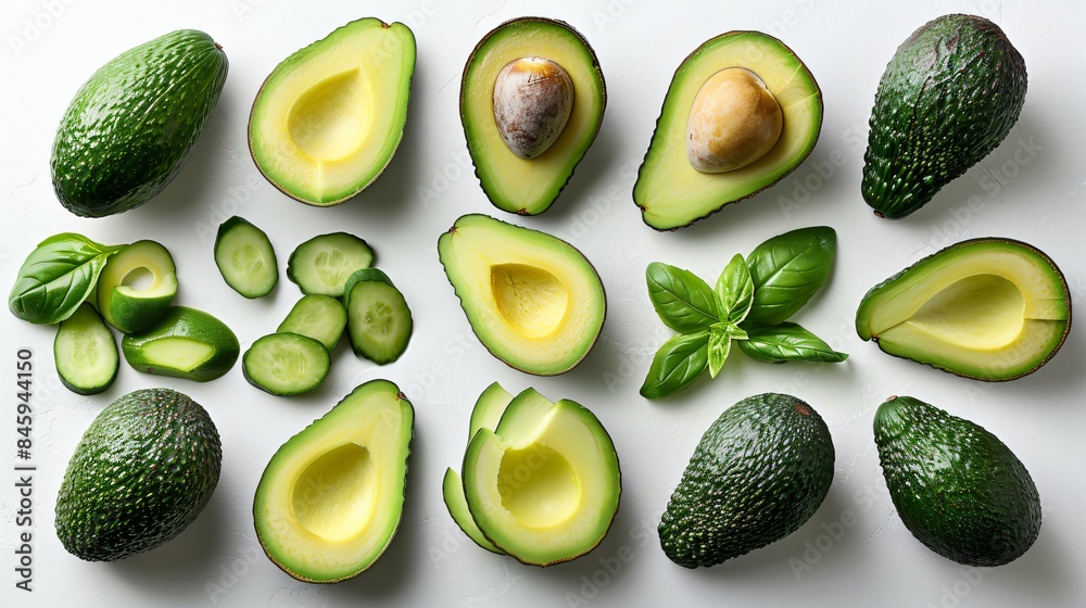 Top view of an artistic arrangement of avocado slices or pieces in a unique pattern or design on a white background