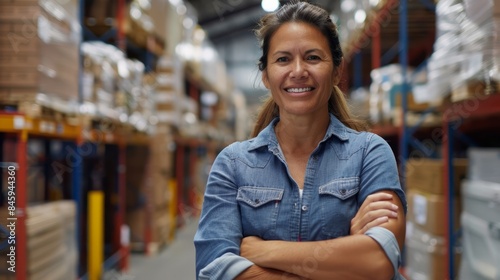 American confident happy woman retail seller, entrepreneur, clothing store small business owner, supervisor looking at camera standing arms crossed in delivery shipping warehouse