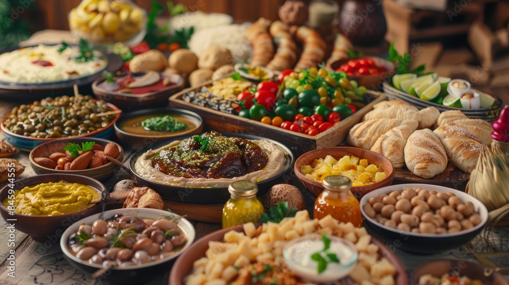 Arabic traditional cuisine. Middle Eastern colorful hummus, pita, falafel, dolma, baklava, halva, rahat lokum, sherbet, nuts, dried fruits. Mediterranean assorted appetizers, abundance concept Arabic traditional cuisine. Middle Eastern colorful hummus, pita, falafel, dolma, baklava, halva, rahat lokum, sherbet, nuts, dried fruits. Mediterranean assorted appetizers, abundance concept