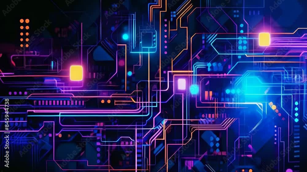A futuristic abstract design showcasing a circuit board layout illuminated with neon lights. Bright colors like blue, orange, and pink stand out against a dark background, representing A futuristic abstract design showcasing a circuit board layout illuminated with neon lights. Bright colors like blue, orange, and pink stand out against a dark background, representing