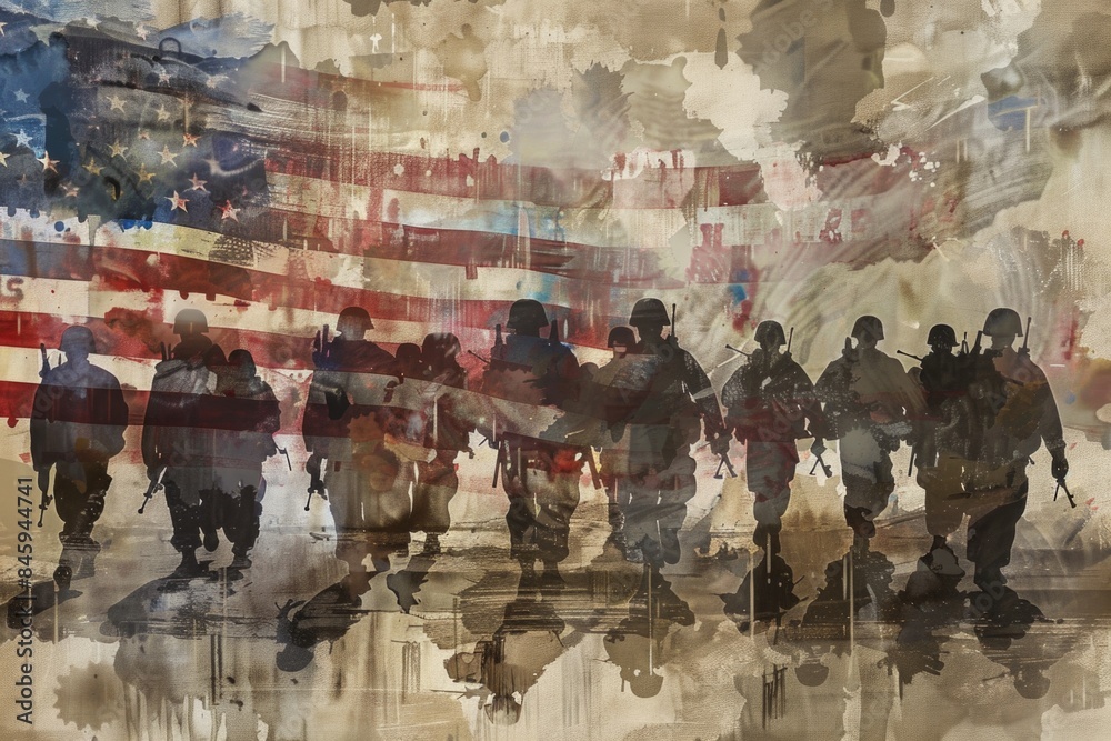Fototapeta premium Soldiers in camouflage wear face masks and holding american flags, veteran community