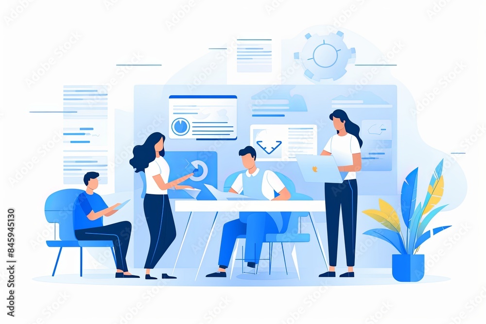 flat vector style illustration, a diverse group of people talking and collaborating flat vector style illustration, a diverse group of people talking and collaborating