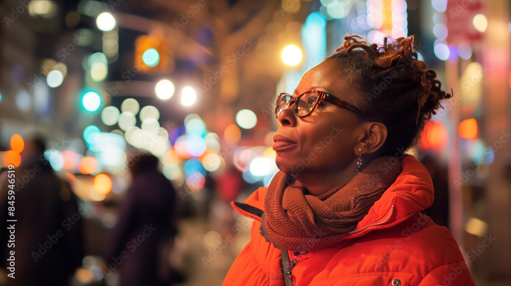 African American woman looking up while waiting for a ride on a New York City street at night. African American woman looking up while waiting for a ride on a New York City street at night.
