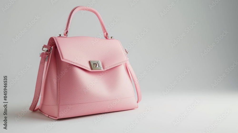 A pink purse sits on top of a white table, providing a pop of color and attention to detail A pink purse sits on top of a white table, providing a pop of color and attention to detail