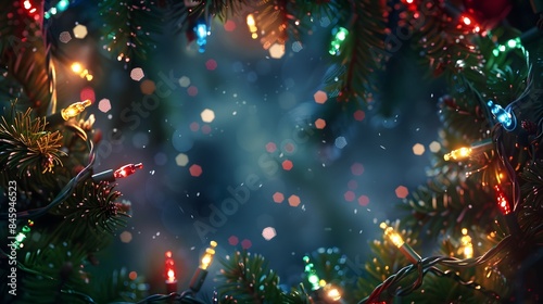 Christmas lights and green pine branches on a dark background. Bokeh effect with copy space. Holiday and winter decoration concept for banner, greeting card, invitation, poster. © hasara