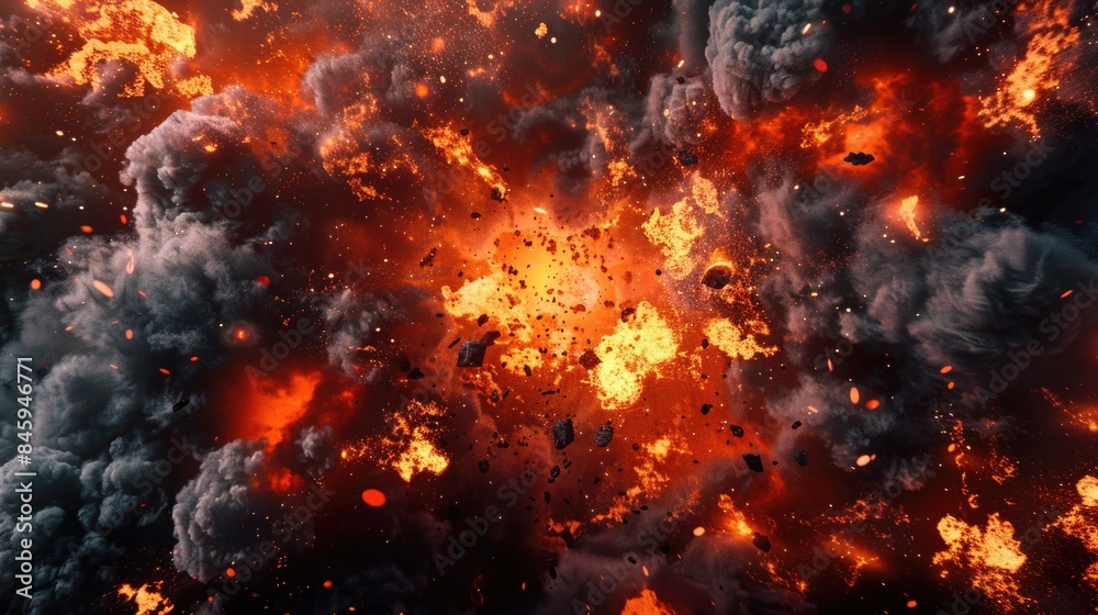 A massive explosion of black smoke and red flames A massive explosion of black smoke and red flames