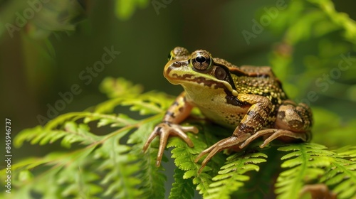 A small frog perched on top of a green leaf, showcasing its tiny size and the leaf's vibrant color