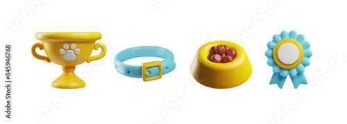 3D golden pet trophy winner cup and medal award, collar vector icon set, feed pet bowl, cat dog accessories and food