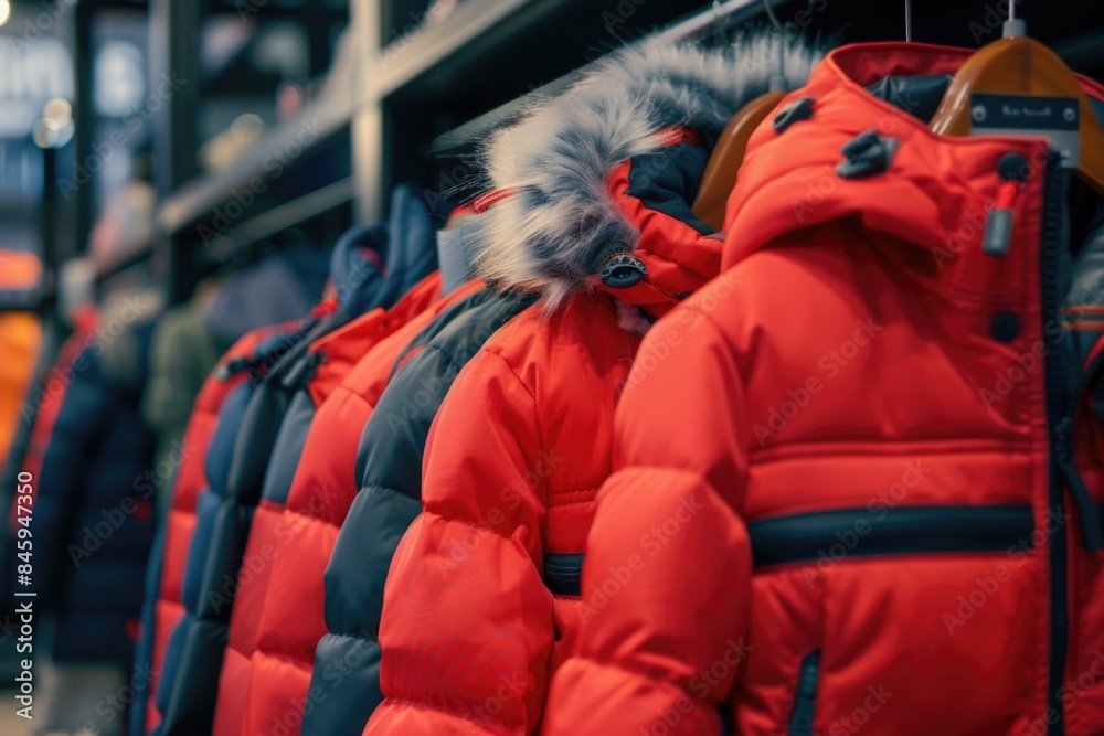 Row of jackets hanging on a rack in a clothing store, various styles and colors available