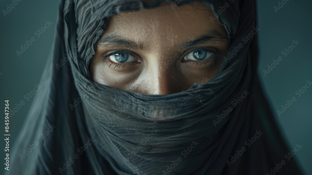 A close-up shot of a person wearing a veil, ideal for use in scenes where identity is hidden or mysterious atmosphere is needed A close-up shot of a person wearing a veil, ideal for use in scenes where identity is hidden or mysterious atmosphere is needed