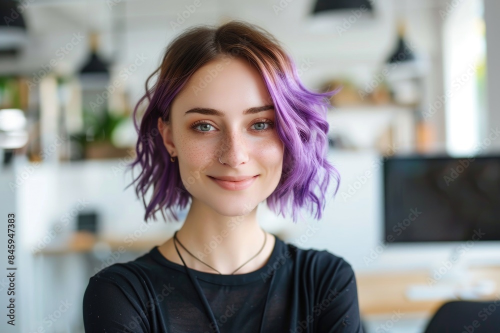 A woman with striking purple hair posing for a photo A woman with striking purple hair posing for a photo
