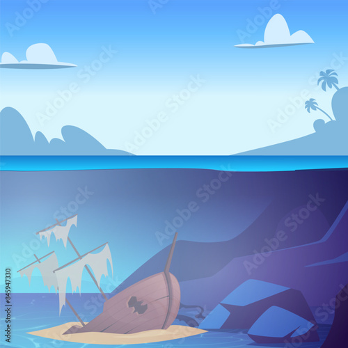 Sunken ship wreck old board from ship underwater vector sea or ocean landscape