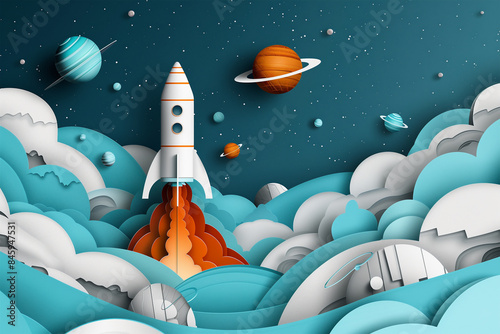 Rocket launching into space with abstract planets. Generative AI image