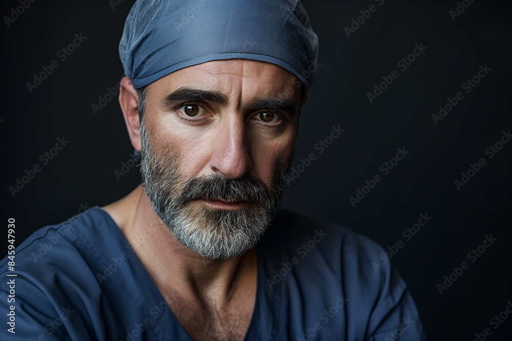 Confident surgeon in scrubs looking at camera. Generative AI image Confident surgeon in scrubs looking at camera. Generative AI image
