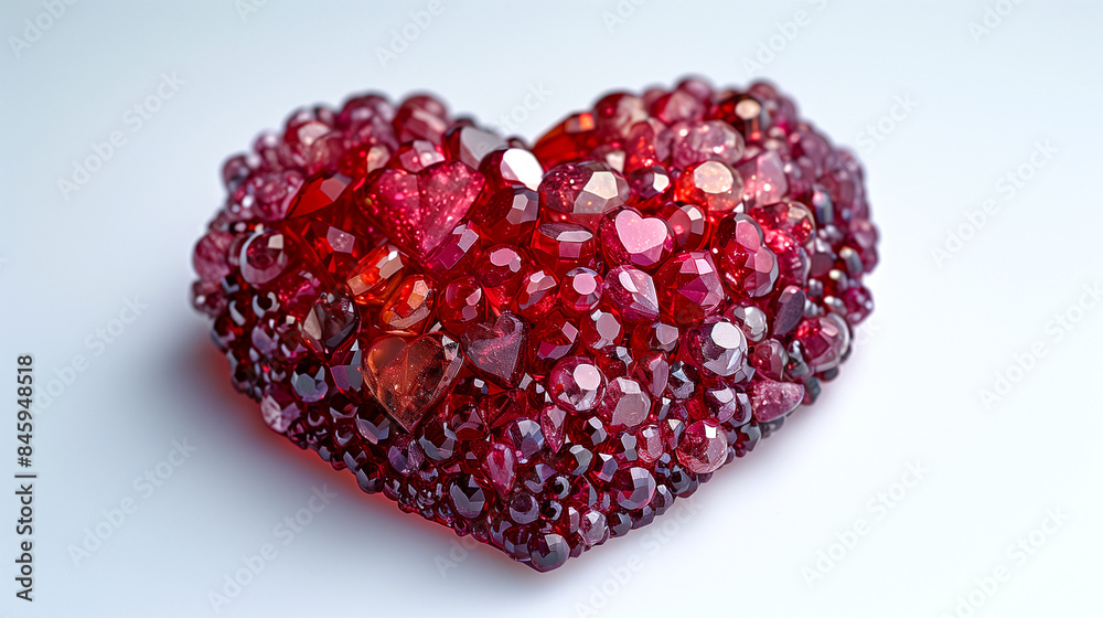 Hundreds of tiny red ruby gemstones arranged as a heart shape on a white isolated background Hundreds of tiny red ruby gemstones arranged as a heart shape on a white isolated background